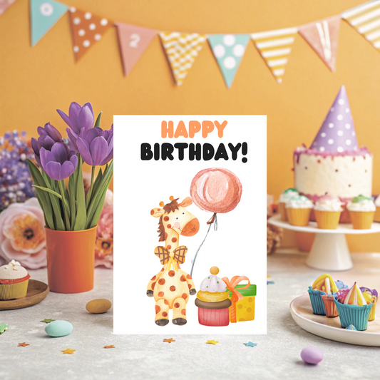 🦒 Watercolor Giraffe Birthday Card – Cute Printable Greeting Card with Cupcake, Balloons & Presents | Instant Digital Download (PDF)