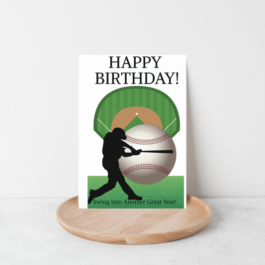 Baseball Birthday Card – Black Silhouette Player with Baseball on Field - Downloadable Printable Greeting Card