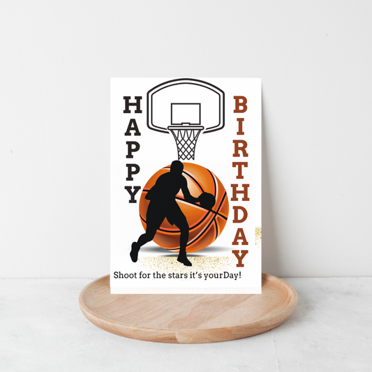 Basketball Birthday Card – Black Silhouette Player with Basketball on Court - Downloadable Printable Greeting Card