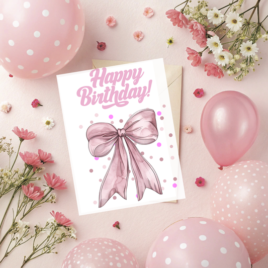 Pink Bow Birthday Card – Confetti Celebration | Printable Greeting Card