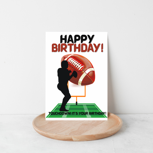 Football Birthday Card – Black Silhouette Player with Football on Field - Downloadable Printable Greeting