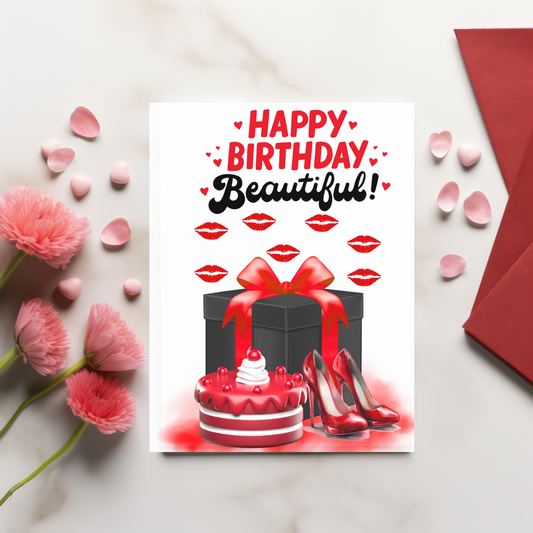 🎁 Glam Birthday Card – Red Heels, Cake & Kisses Printable