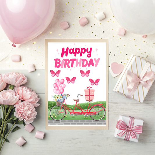 Printable Pink Bike Birthday Card – Flowers, Balloons & Butterflies | Digital Download