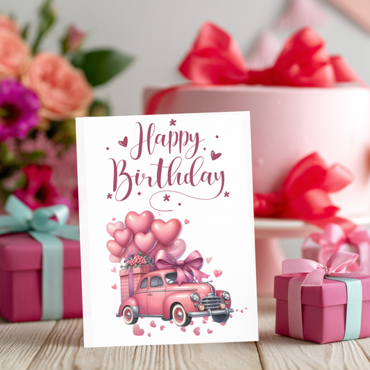 🎀 Pink Vintage Car Birthday Card – Printable Download