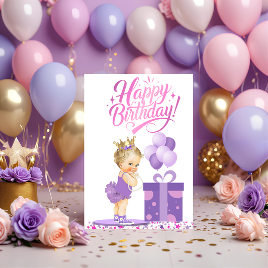 “Happy Birthday Princess” Printable Greeting Card – Purple & Gold Baby Girl Design 2