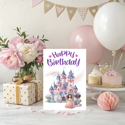 Princess Birthday Card Castle and Presents Theme - Printable Greeting Card Two