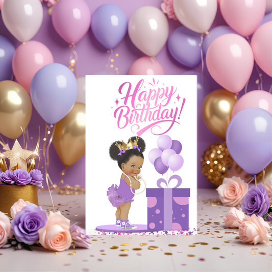 “Happy Birthday Princess” Printable Greeting Card – Purple & Gold Baby Girl Design