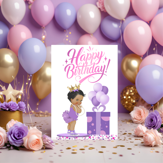“Happy Birthday Princess” Printable Greeting Card – Purple & Gold Baby Girl Design 3