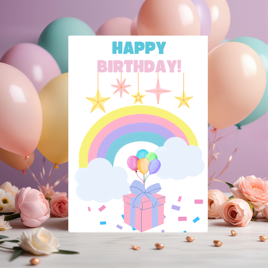 Pastel Rainbow Birthday Card – Printable Greeting Card with Clouds, Balloons & Present | Instant Download