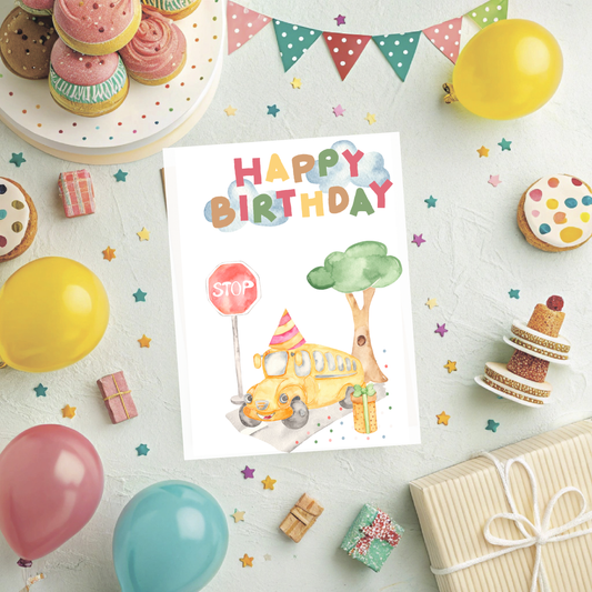 🚌 Watercolor School Bus Birthday Card – Printable Download