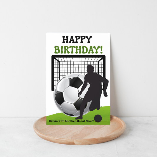 Soccer Birthday Card – Black Silhouette Player with Soccer Ball and Goal - Downloadable Printable Greeting Card