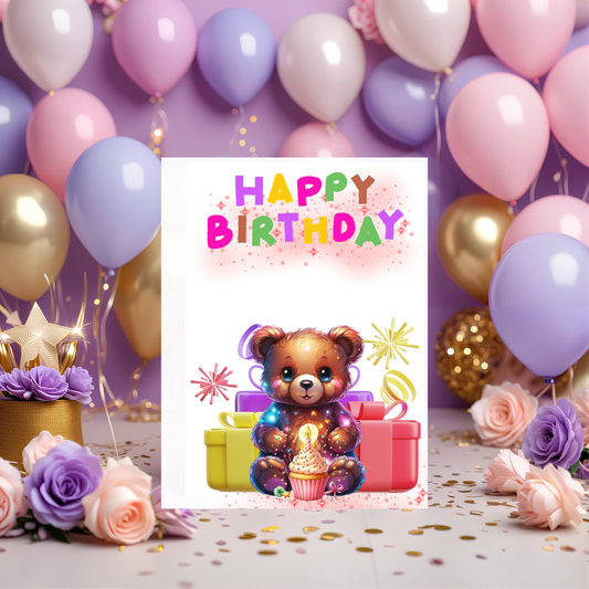 🎉 Sparkly Bear Birthday Card – Printable Greeting with Gifts