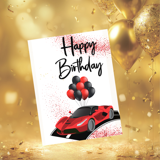 🏎️ Black & Red Sports Car Birthday Card – Printable Download