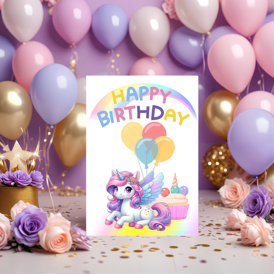 🦄 Printable Unicorn Birthday Card with Rainbow, Balloons & Gift – Cute Downloadable Card for Kids