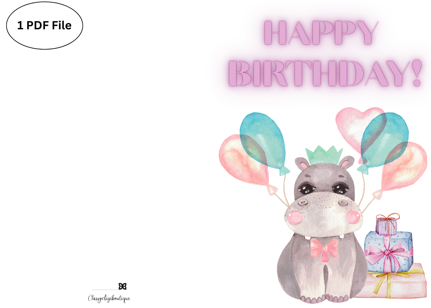 🦛 Hippo Birthday Card – Printable Greeting Card with Balloons & Presents | Instant Download PDF