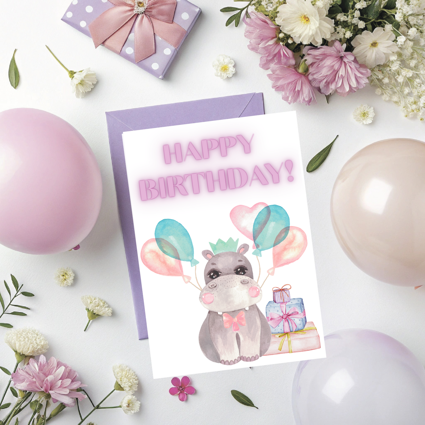 🦛 Hippo Birthday Card – Printable Greeting Card with Balloons & Presents | Instant Download PDF