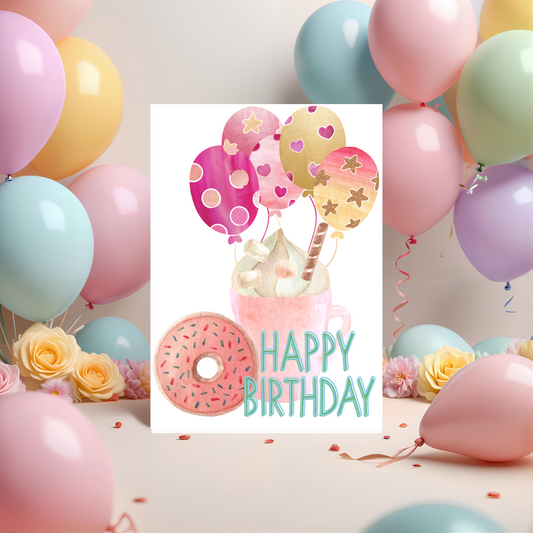 ☕🍩 Hot Cocoa & Donut Birthday Card – Cute Printable Greeting Card with Balloons | Instant Digital Download (PDF)