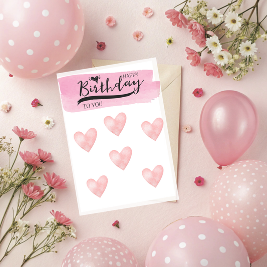Watercolor Pink Hearts Birthday Card – Downloadable Printable Greeting Card