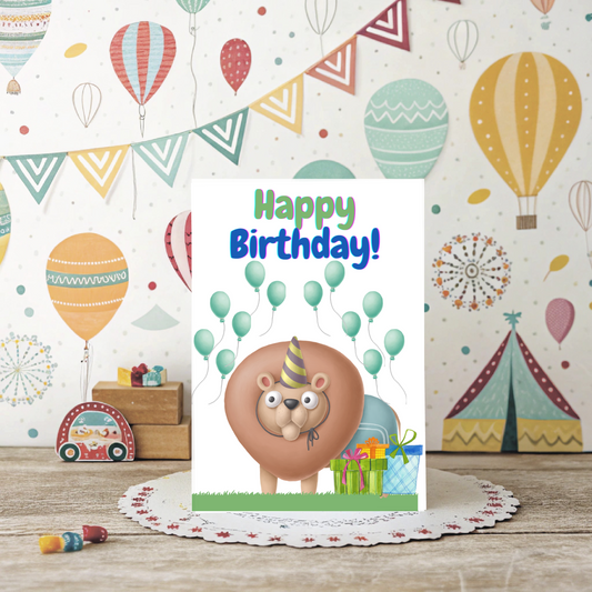 🦁 Lion Birthday Card – Printable Kids Greeting Card with Balloons & Presents | Instant Download PDF