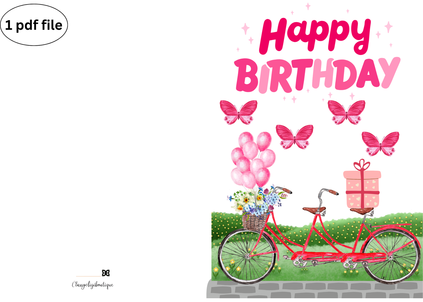 Printable Pink Bike Birthday Card – Flowers, Balloons & Butterflies | Digital Download