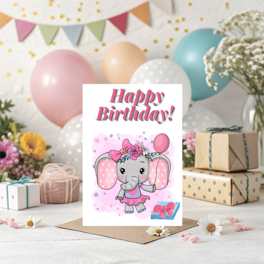 🐘 Pink Elephant Birthday Card – Cute Printable Greeting Card for Kids | Instant Digital Download (PDF)