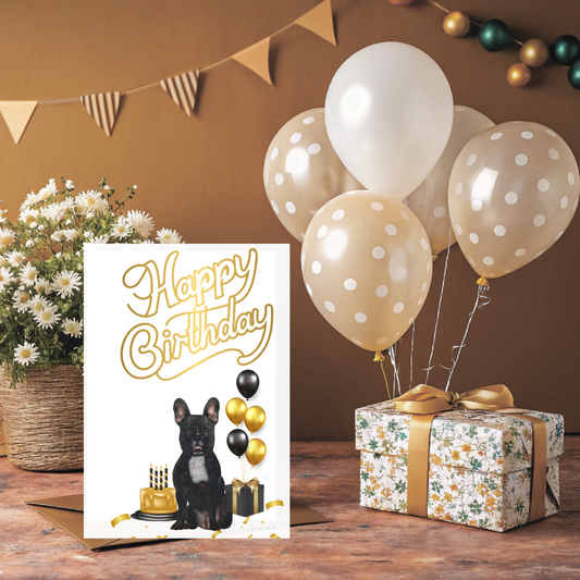 French Bulldog Birthday Card – Printable Gold & Black Party Design with Cake and Gifts