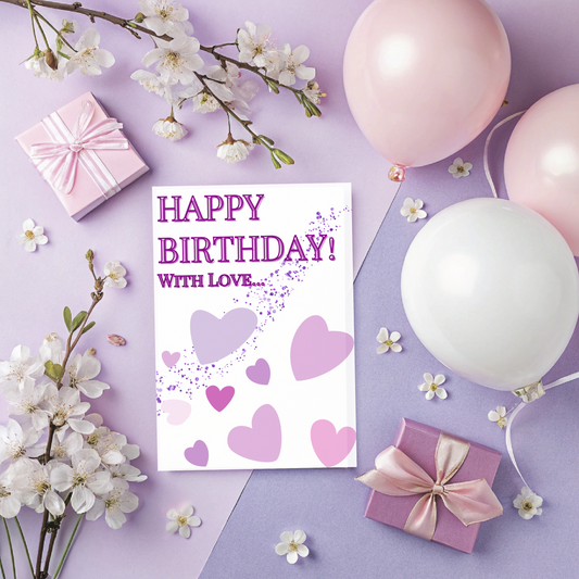 💜 Happy Birthday with Love Card – Printable Greeting Card with Purple Hearts | Instant Download PDF