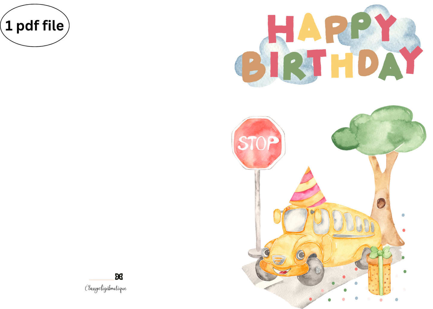 🚌 Watercolor School Bus Birthday Card – Printable Download