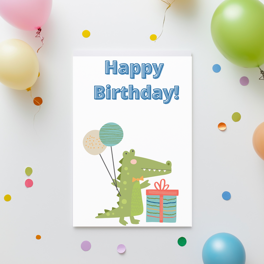 🐊 Alligator Birthday Card – Printable Kids Greeting Card with Balloons & Present | Instant Download PDF