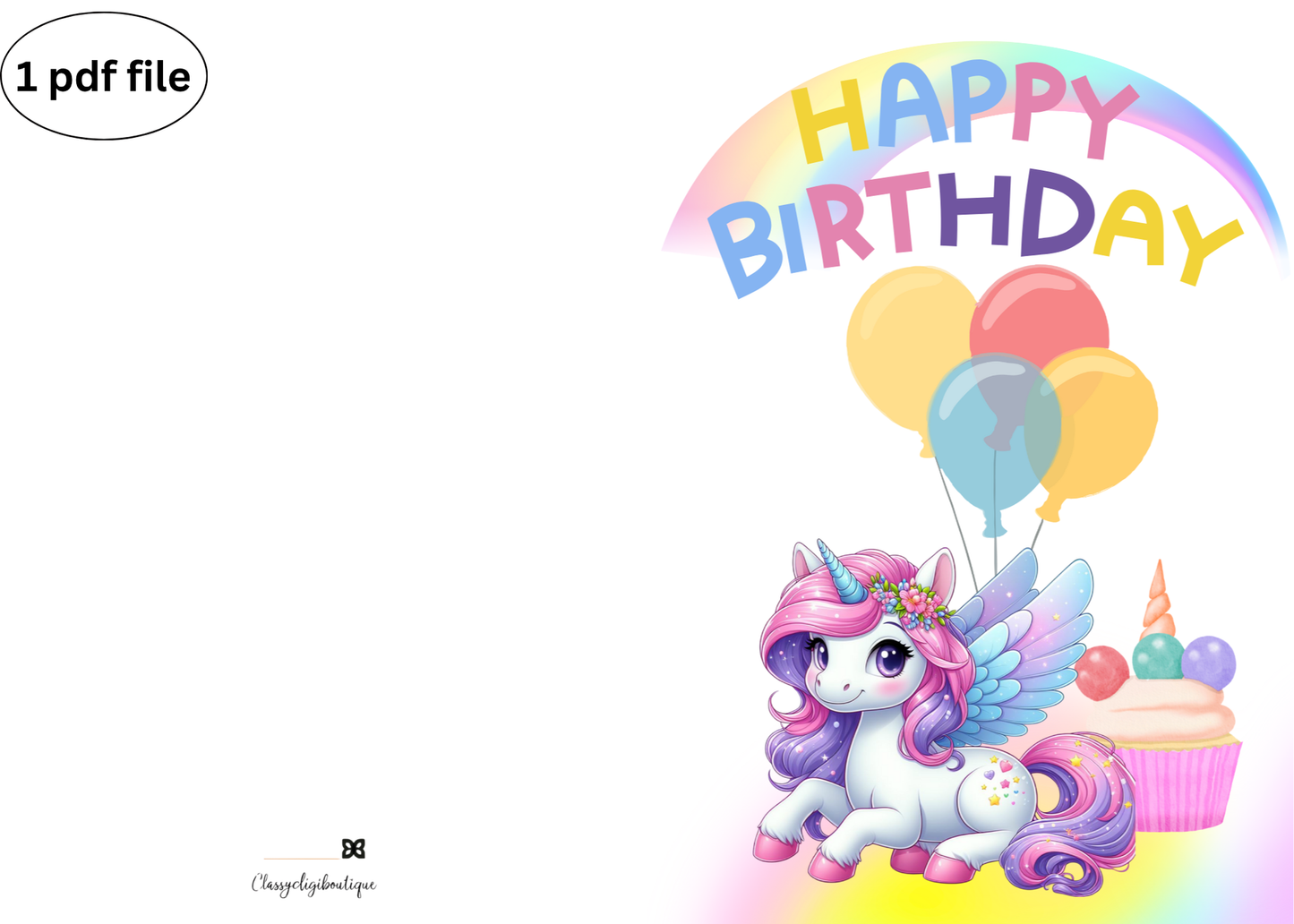 🦄 Printable Unicorn Birthday Card with Rainbow, Balloons & Gift – Cute Downloadable Card for Kids