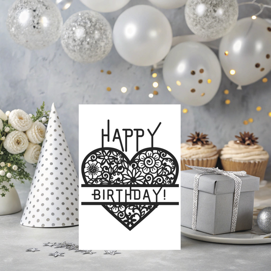 🖤 Black Vintage Heart Birthday Card – Elegant Printable Greeting Card | Instant Digital Download (PDF)